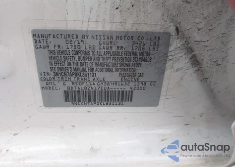 2019 Nissan Versa 1.6 Sv z USA, uszkodzony, nr VIN 3N1CN7AP0KL851131